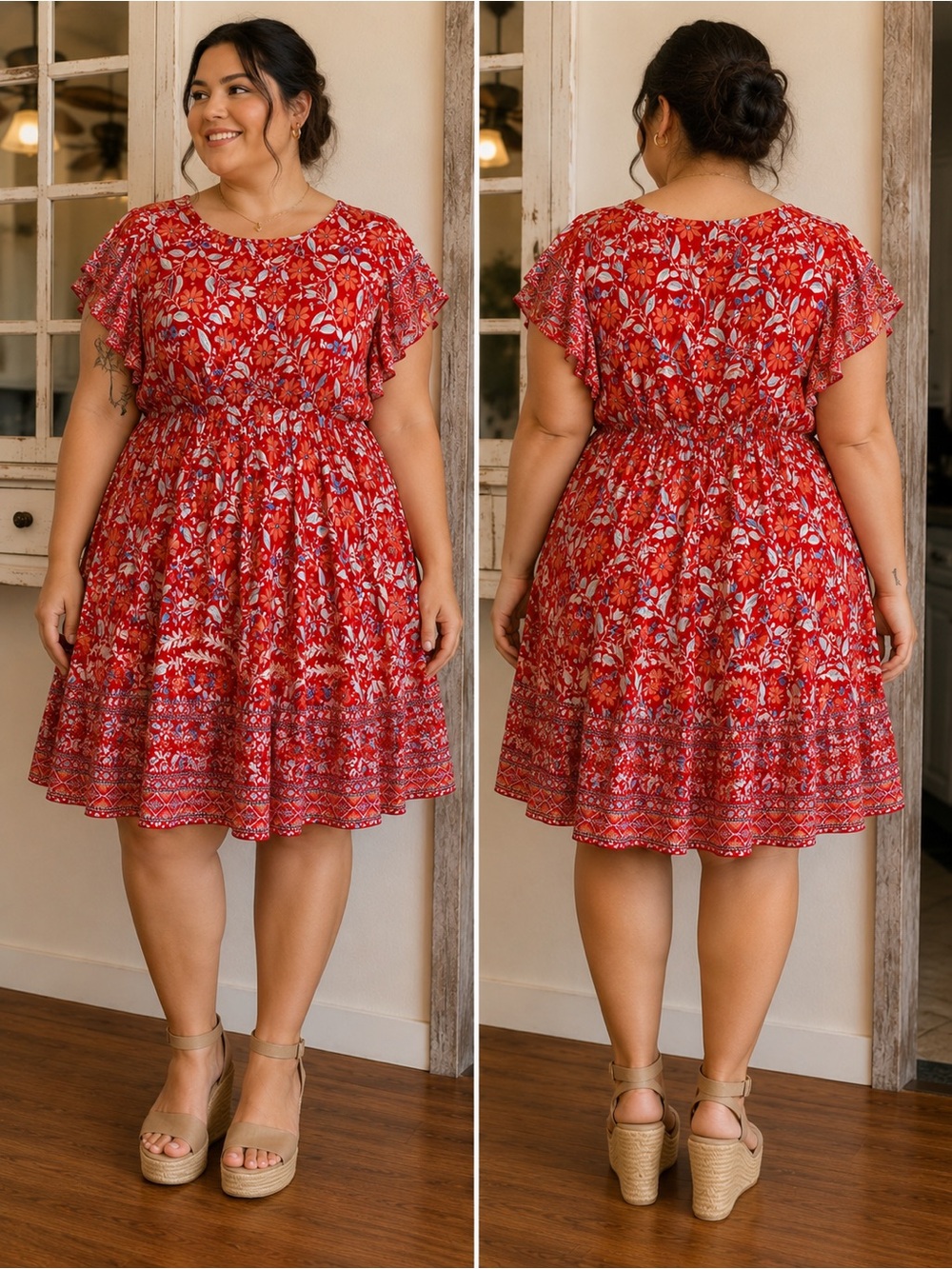 Keluummi Red Floral Summer Dress Plus Size US 20 Boho Cottagecore Flutter Sleeve